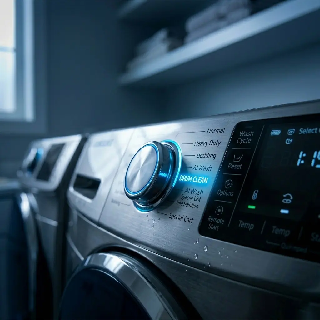 Samsung washing machine control panel with drum clean cycle selected and illuminated