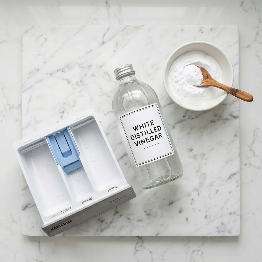 White vinegar and baking soda natural cleaning solution for Samsung washing machine drum clean cycle