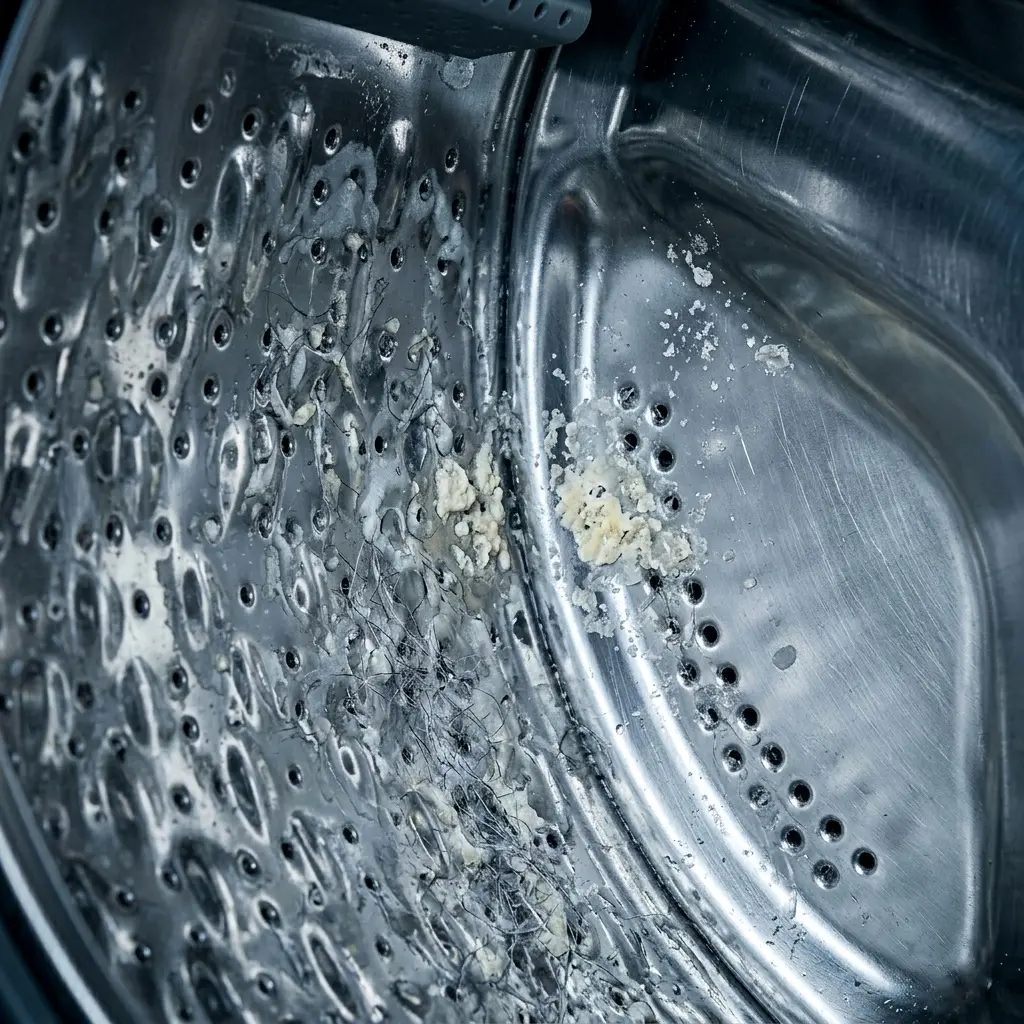 Soap residue and mineral buildup inside Samsung washing machine drum before cleaning