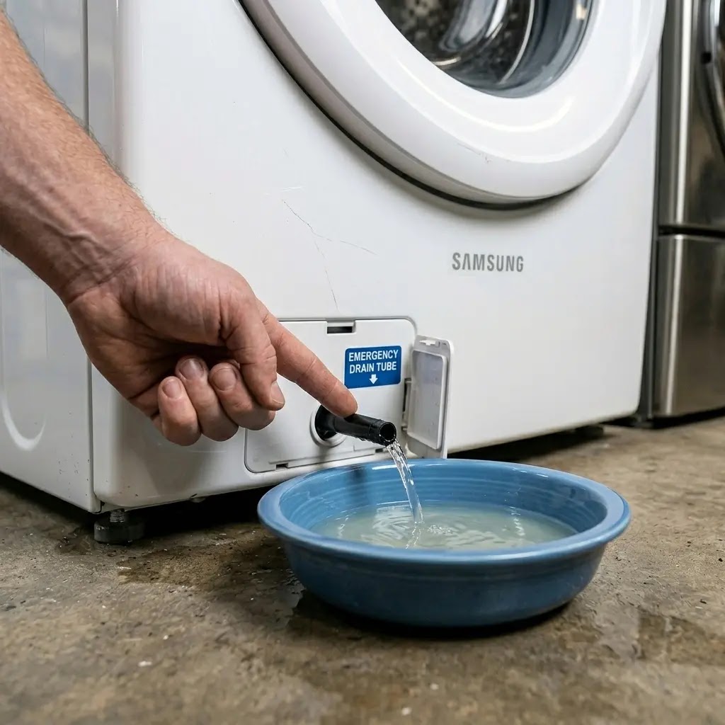 Using the emergency drain tube to empty a Samsung washer before cleaning the filter.