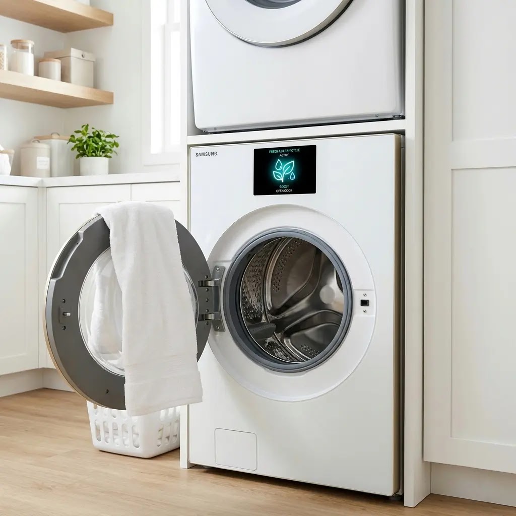A clean Samsung Bespoke washing machine with the door open to prevent mold.