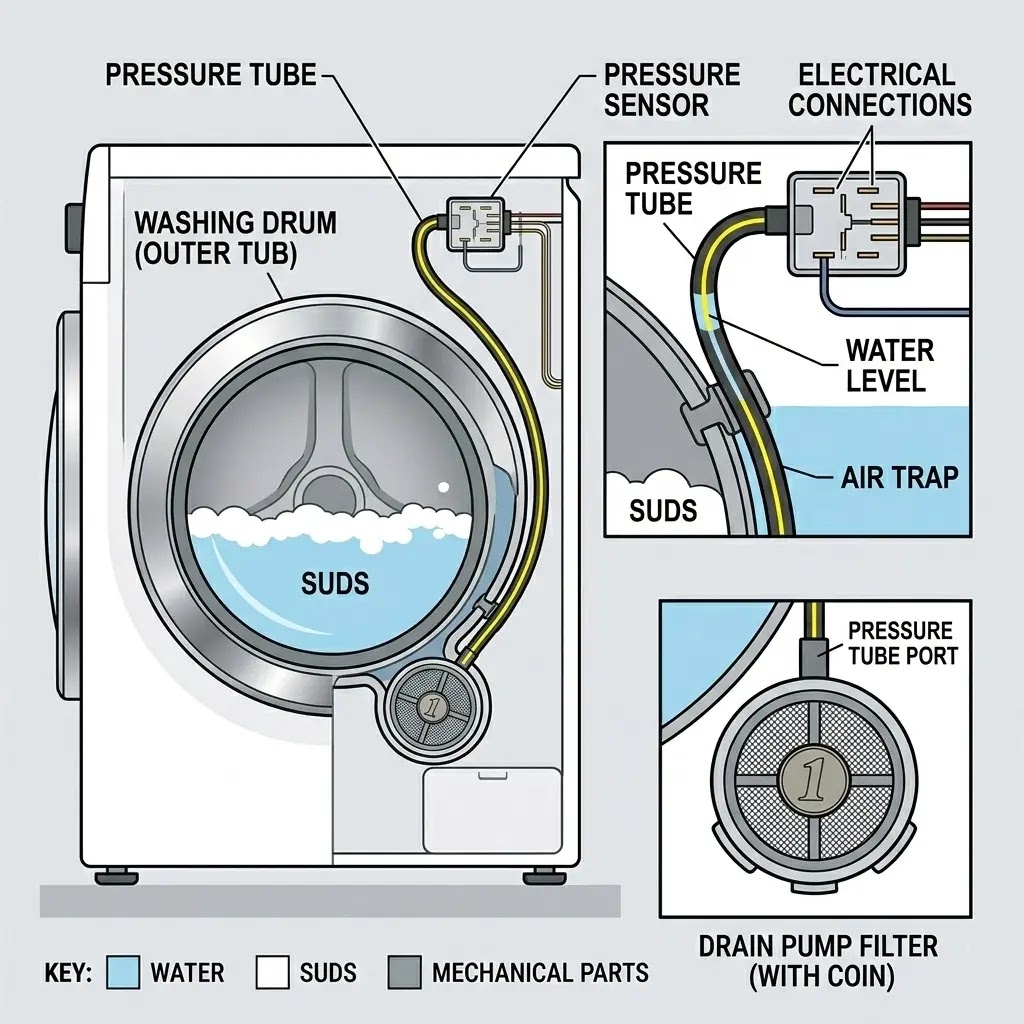 Internal view of a Samsung washer pressure sensor and air tube for troubleshooting.