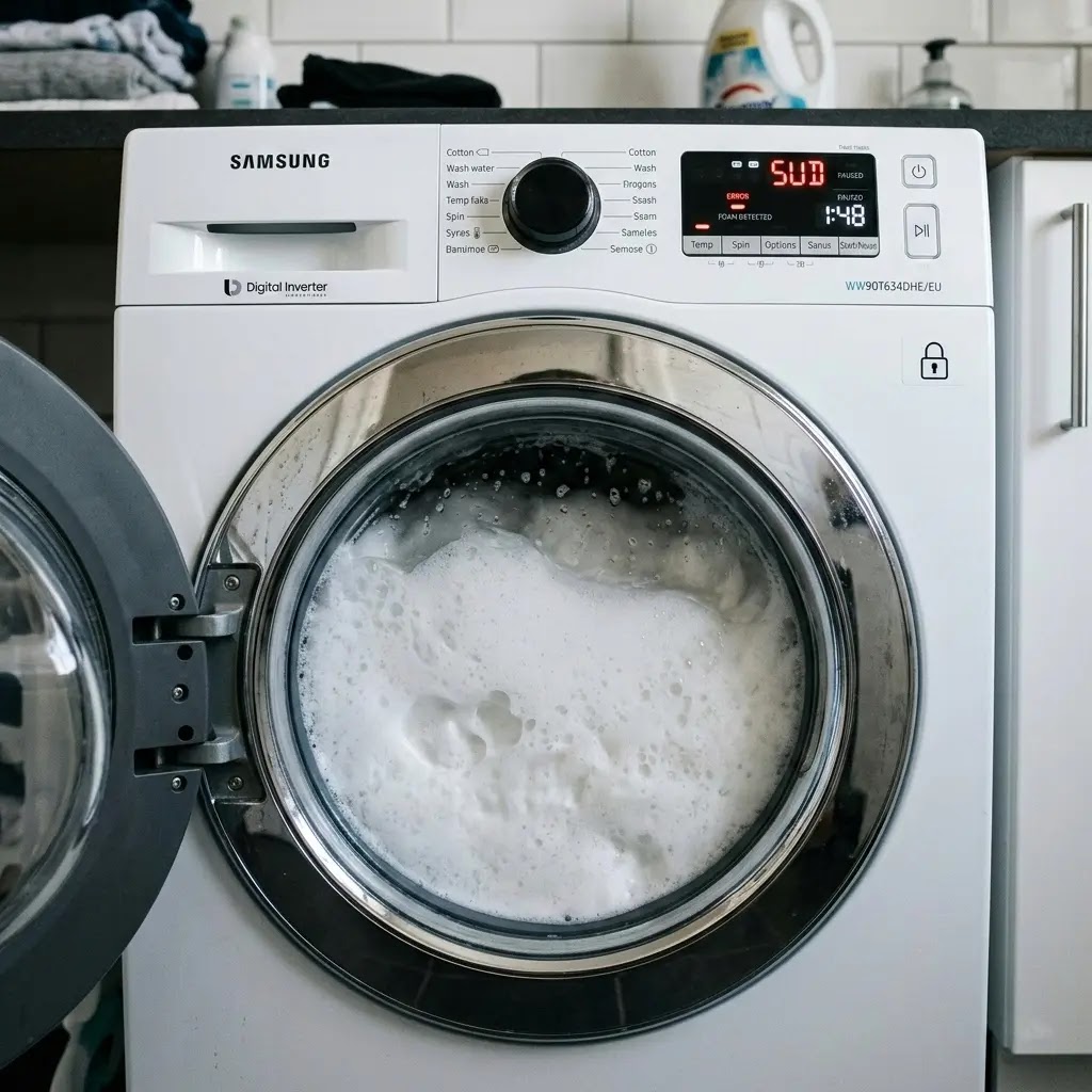Samsung washing machine display showing the SUD error code with foam in the drum.
