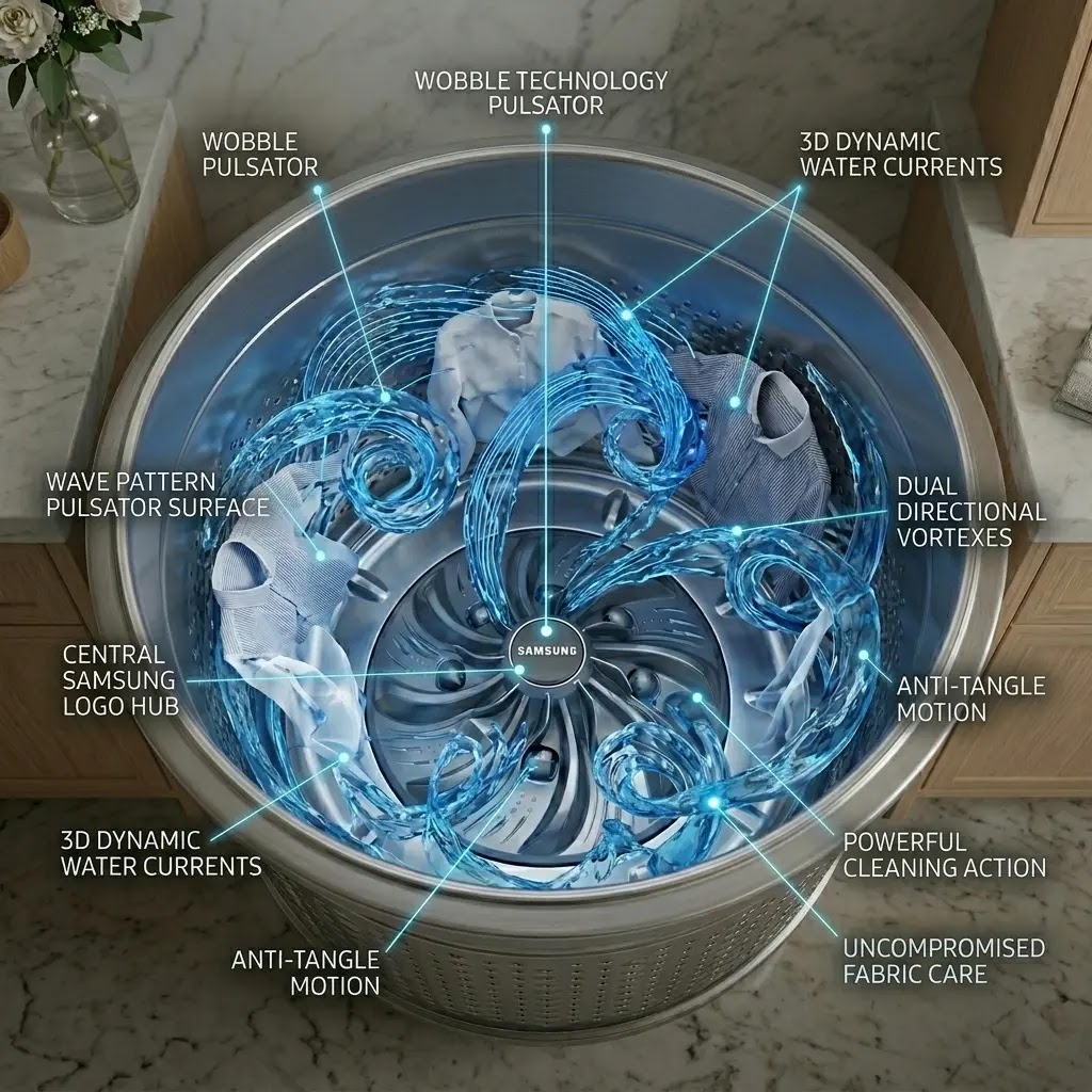 How Samsung Wobble Technology prevents clothes from tangling in top loaders.