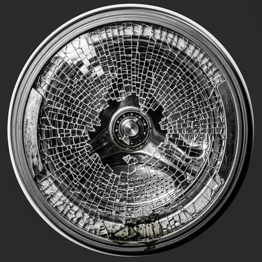 High-contrast photo of a shattered tempered glass washing machine door, in tiny fragments.