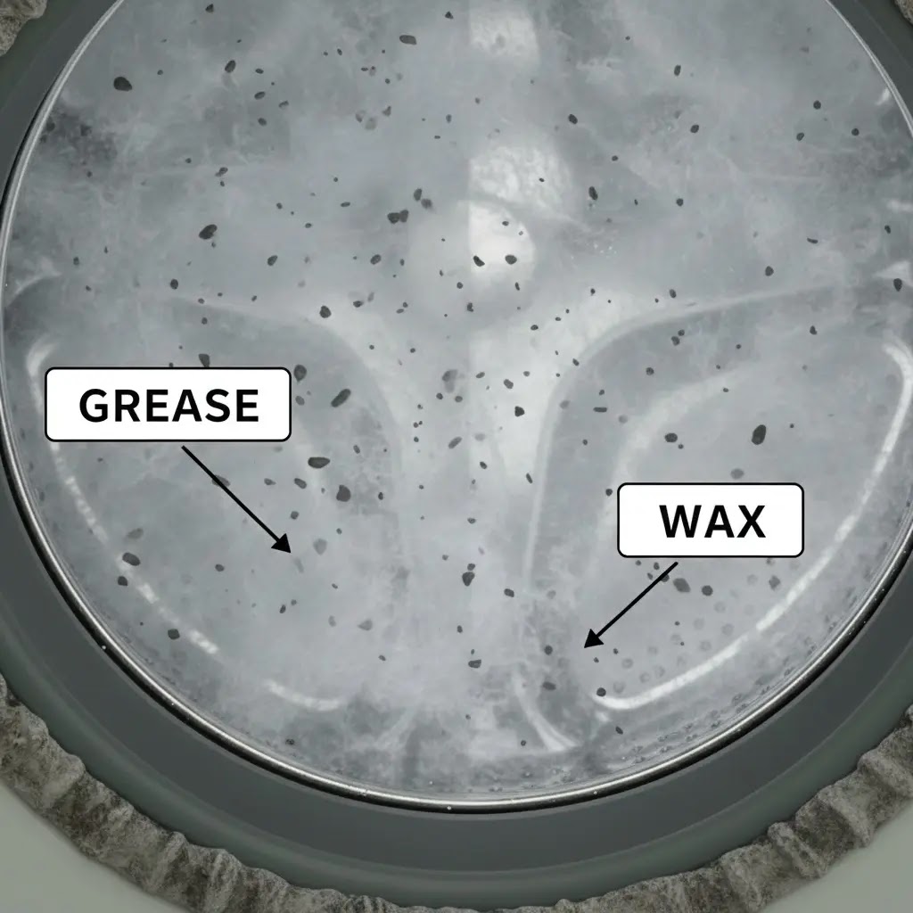 Soda crystals breaking down grease and wax inside washing machine.