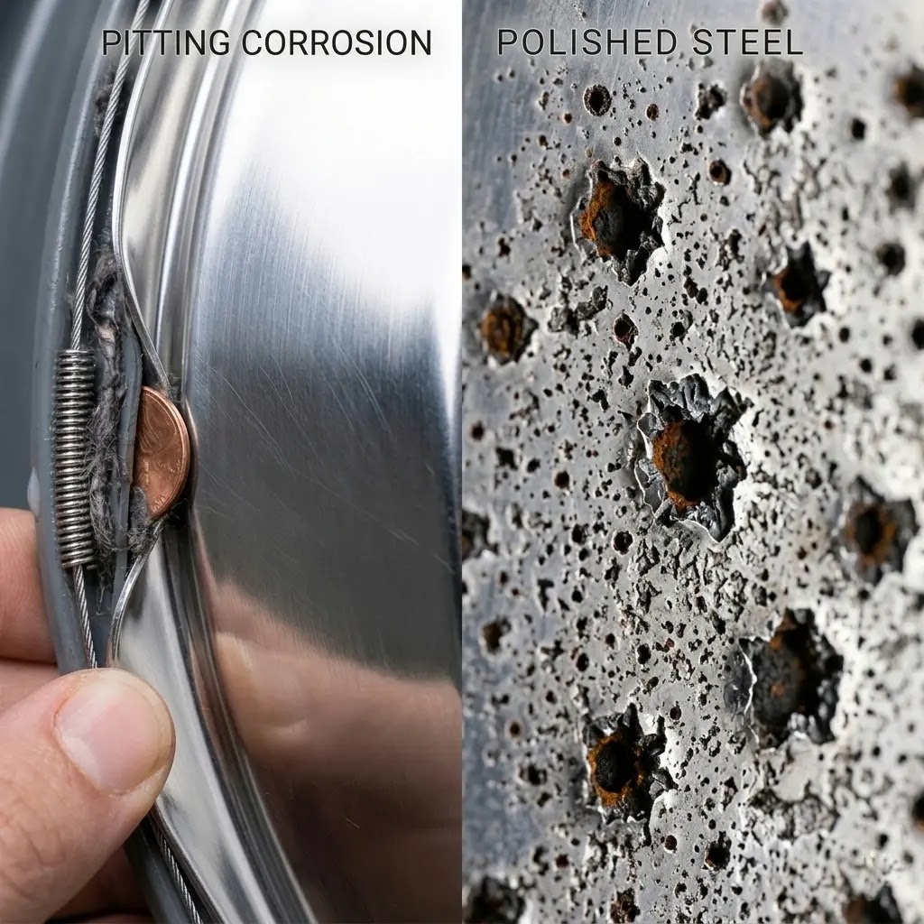 Close-up of tiny rust pits on a stainless steel washing machine drum.