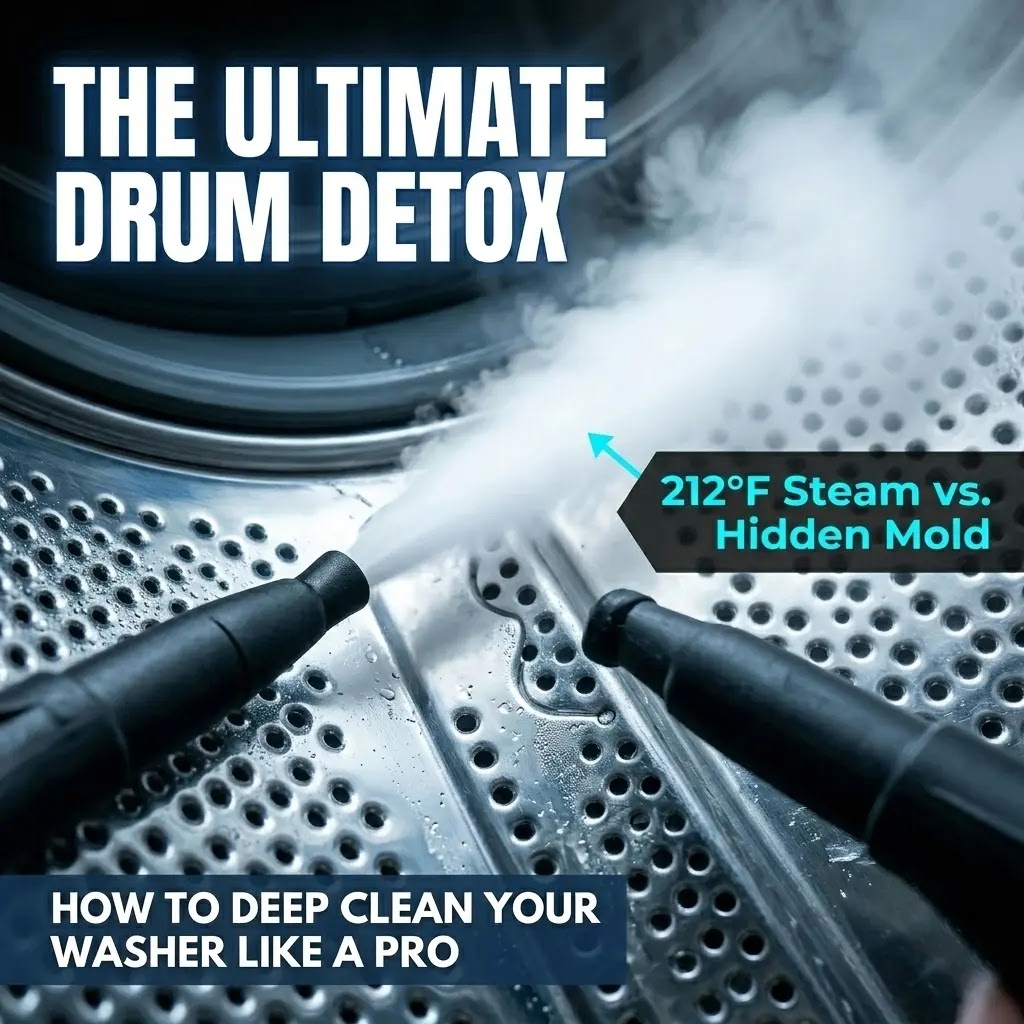 Professional close-up of a handheld steam cleaner nozzle blasting steam into a washing machine drum.