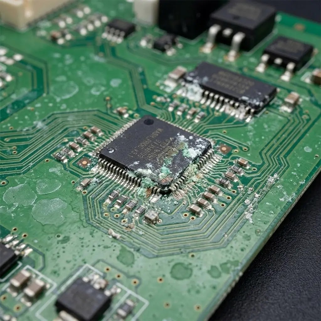 High-definition photo of a washing machine circuit board showing green powdery corrosion around the components.