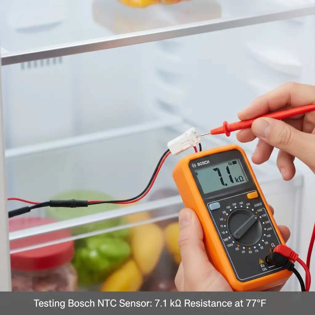 Using a digital multimeter to check the resistance of a Bosch refrigerator NTC temperature sensor.