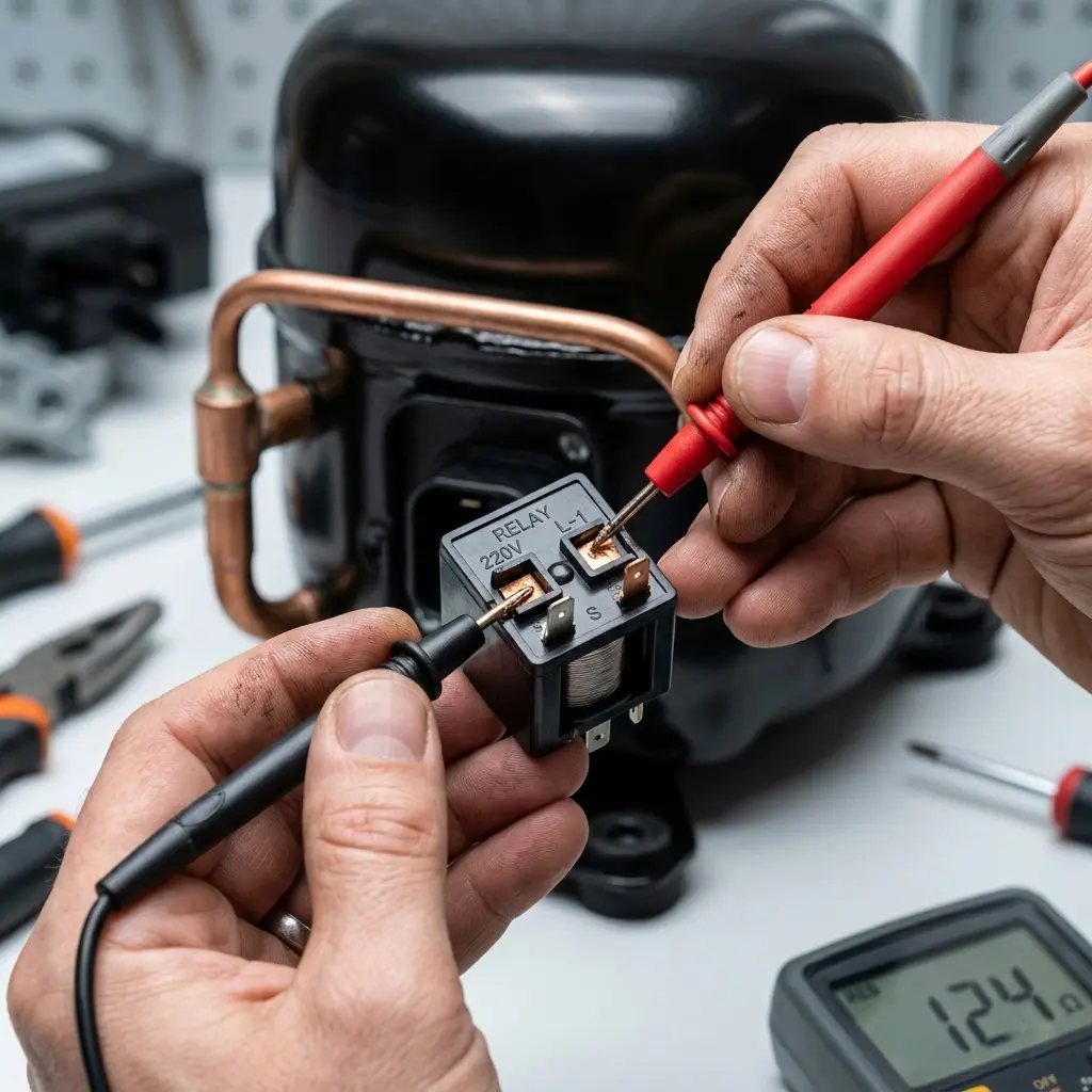 An appliance engineer testing a refrigerator compressor start relay with a digital multimeter to fix cooling issues.