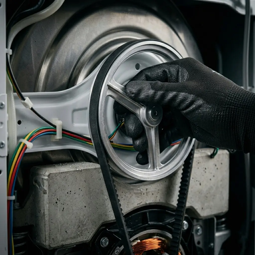 A technician checking the rear drum pulley wheel and drive belt to fix a noisy Bosch washing machine.