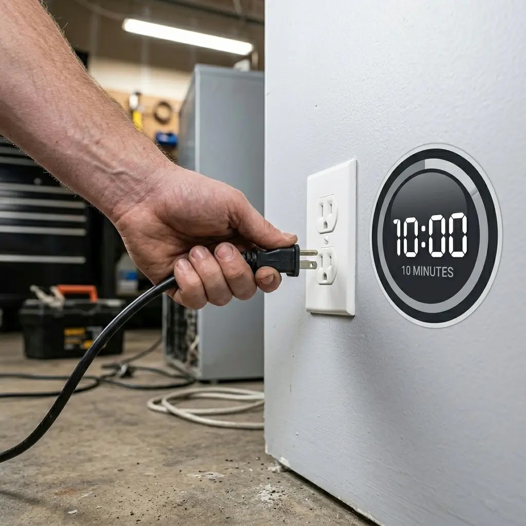 Safety reminder to unplug the fridge and wait 10 minutes before maintenance.