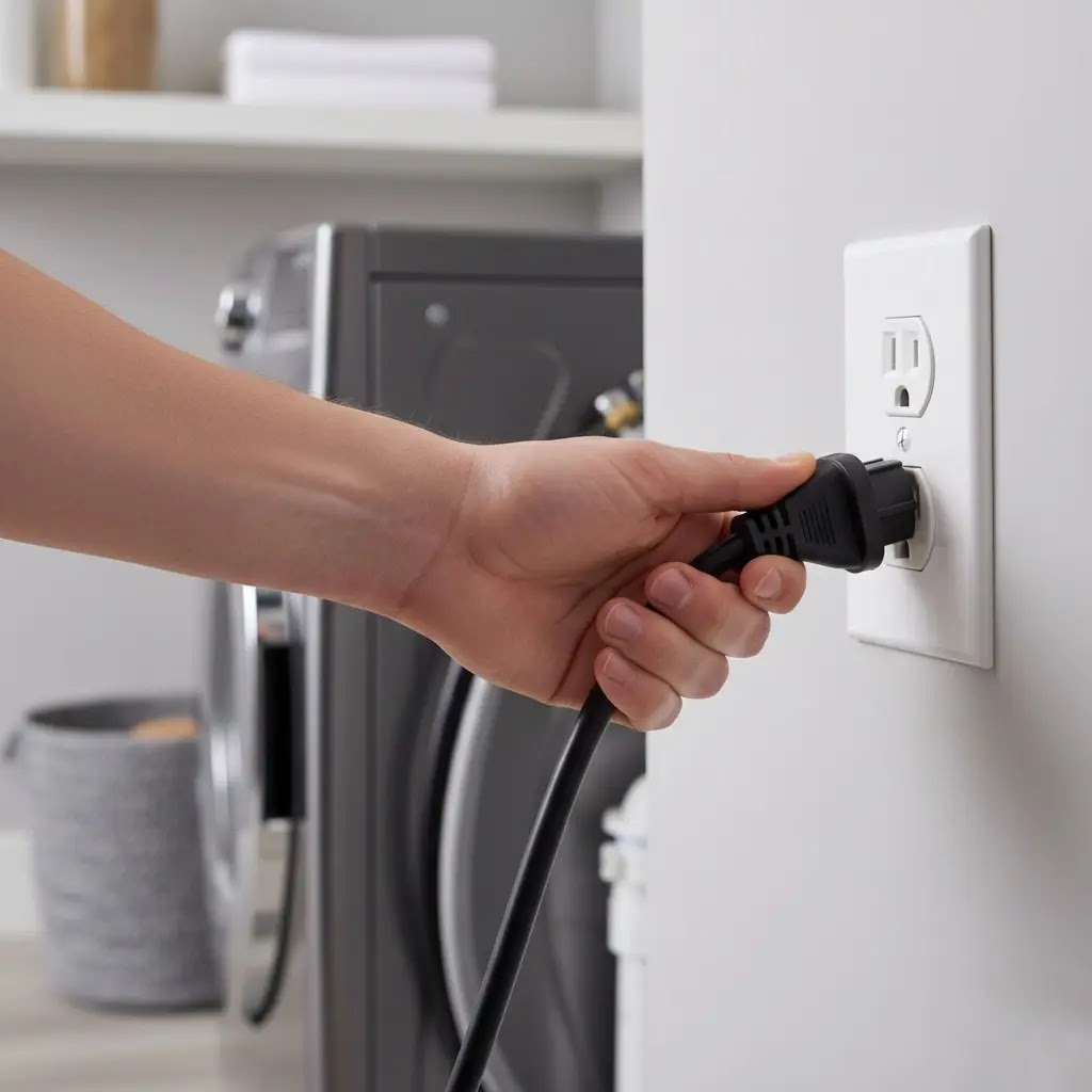 Close up of hand unplugging a washing machine power cord from a wall outlet for safety