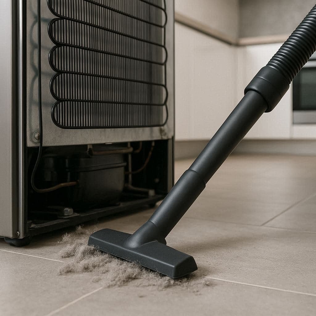 Vacuuming under refrigerator to clean condenser coils and improve cooling efficiency