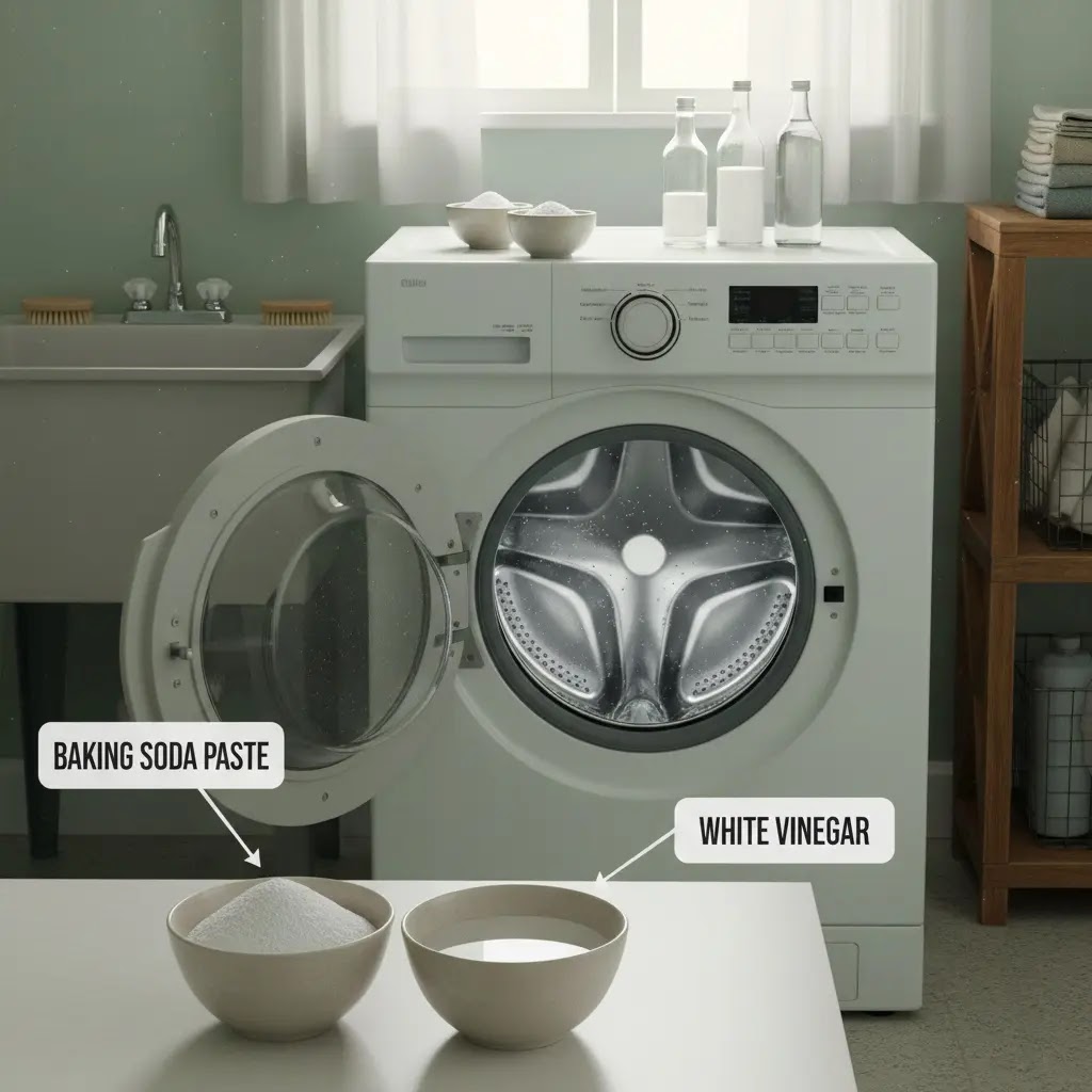 Baking soda and vinegar used for basic washing machine cleaning.