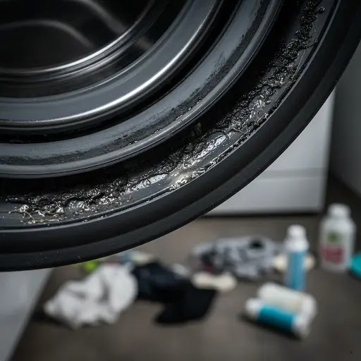 Hidden lint and sock inside washing machine gasket causing bad odor.