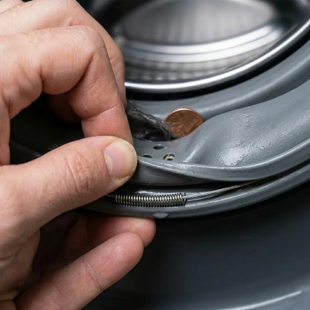 Technician carefully checking the gasket lip without disturbing the wire spring.