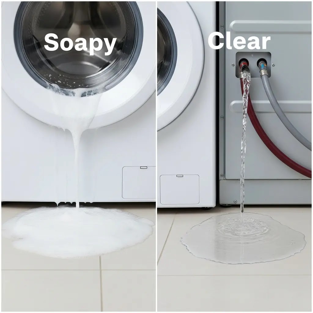 Comparison of soapy vs clear water leaks to diagnose washer problems.
