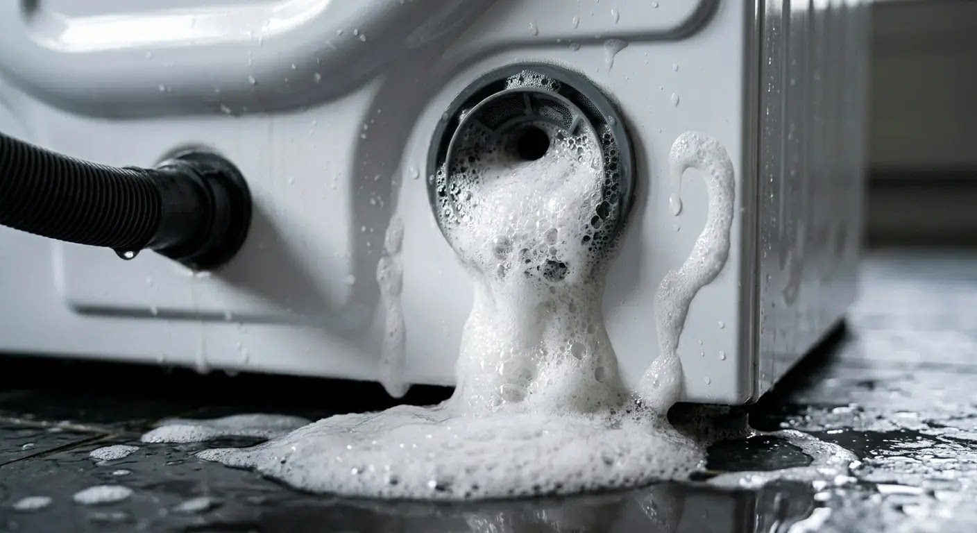 Excess soap suds overflowing from the back vents of a portable washer