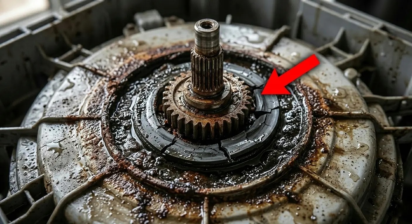 Brown rusty water stains in the center of a portable washer base