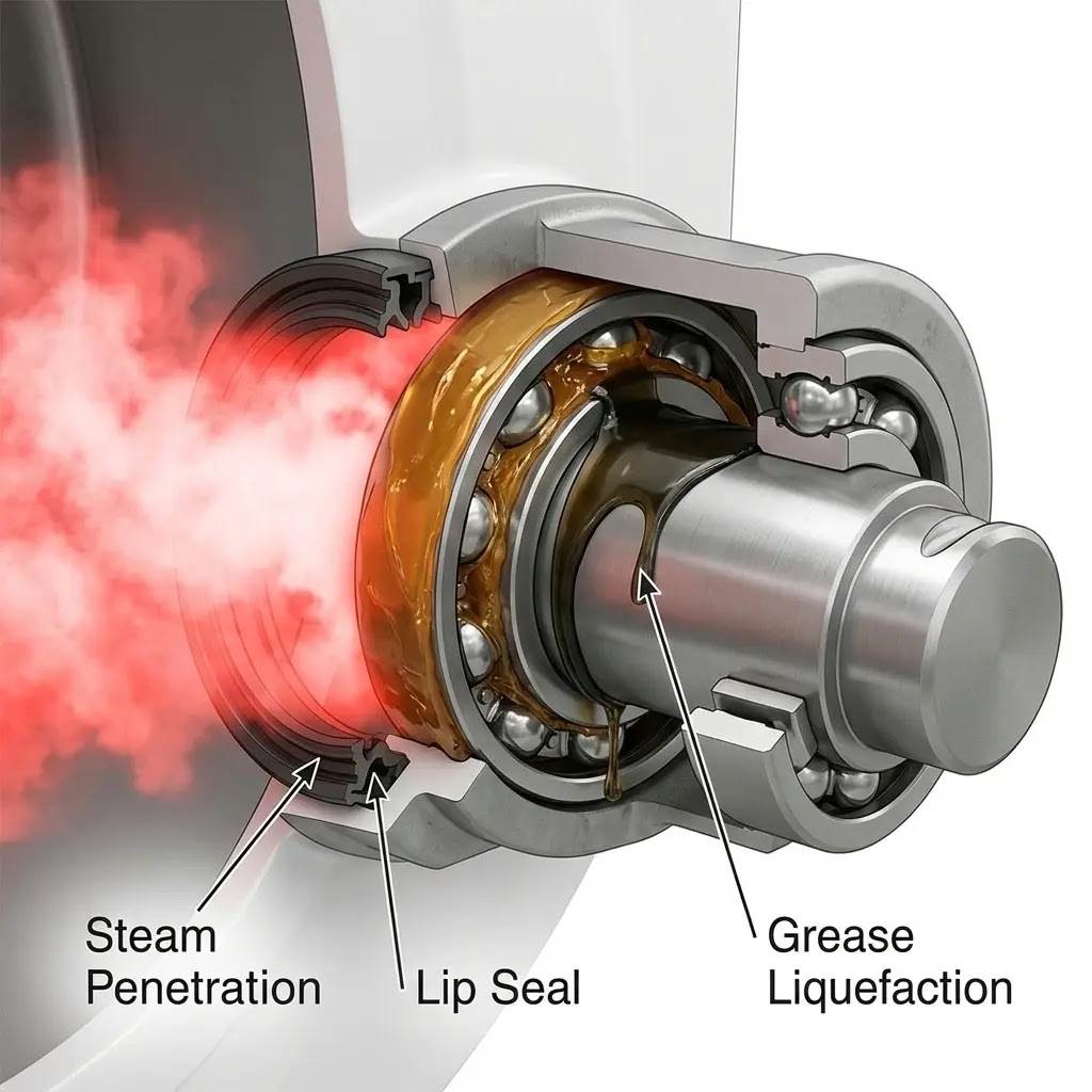 3D cutaway diagram of a washing machine shaft showing steam penetrating the seal and liquefying the bearing grease.