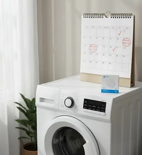 Monthly washing machine cleaning schedule with maintenance reminders.