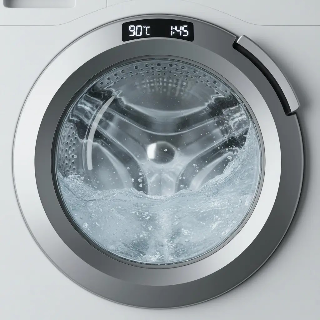 Setting a washing machine to 90 degrees Celsius for a deep flush cleaning cycle.