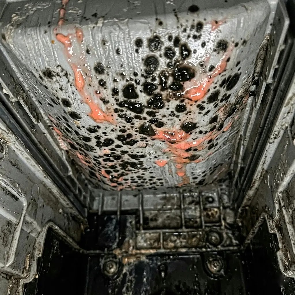View looking up inside the detergent drawer housing showing black and pink mold growth on the ceiling.