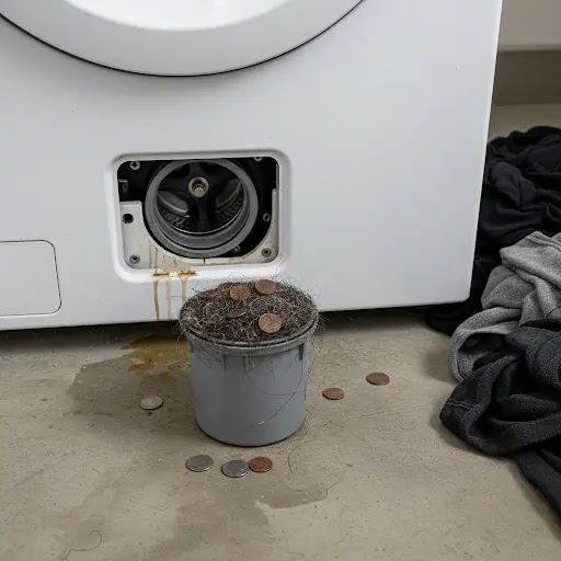 Dirty washing machine drain pump filter clogged with hair and debris.