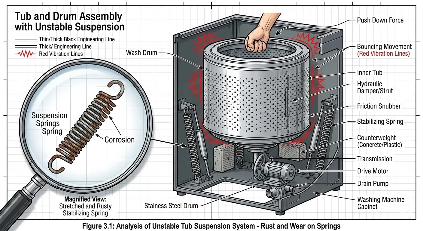Technical diagram showing how to perform a suspension bounce test on a washer
