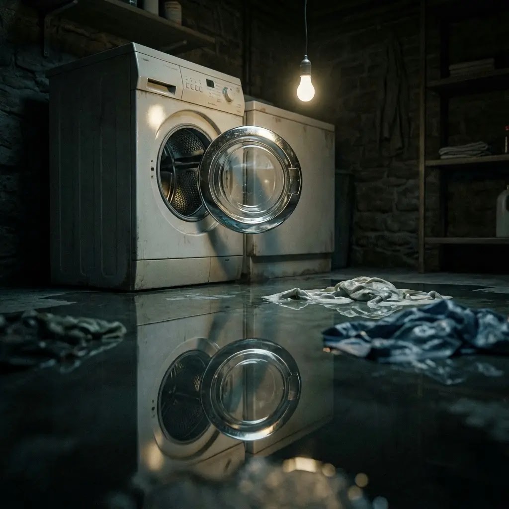 A leaking washing machine causing a puddle on a laundry room floor.