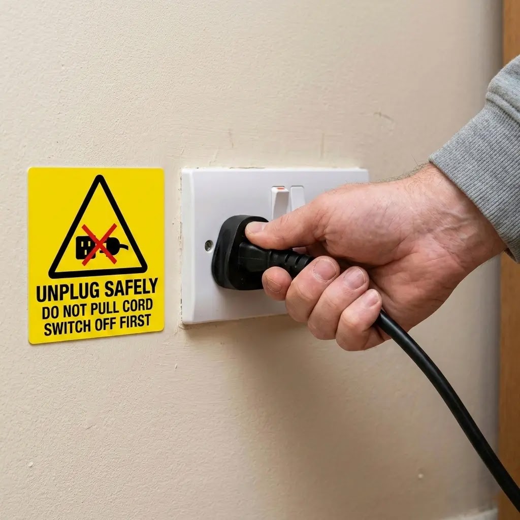 Electrical safety reminder to unplug the washing machine before repair.