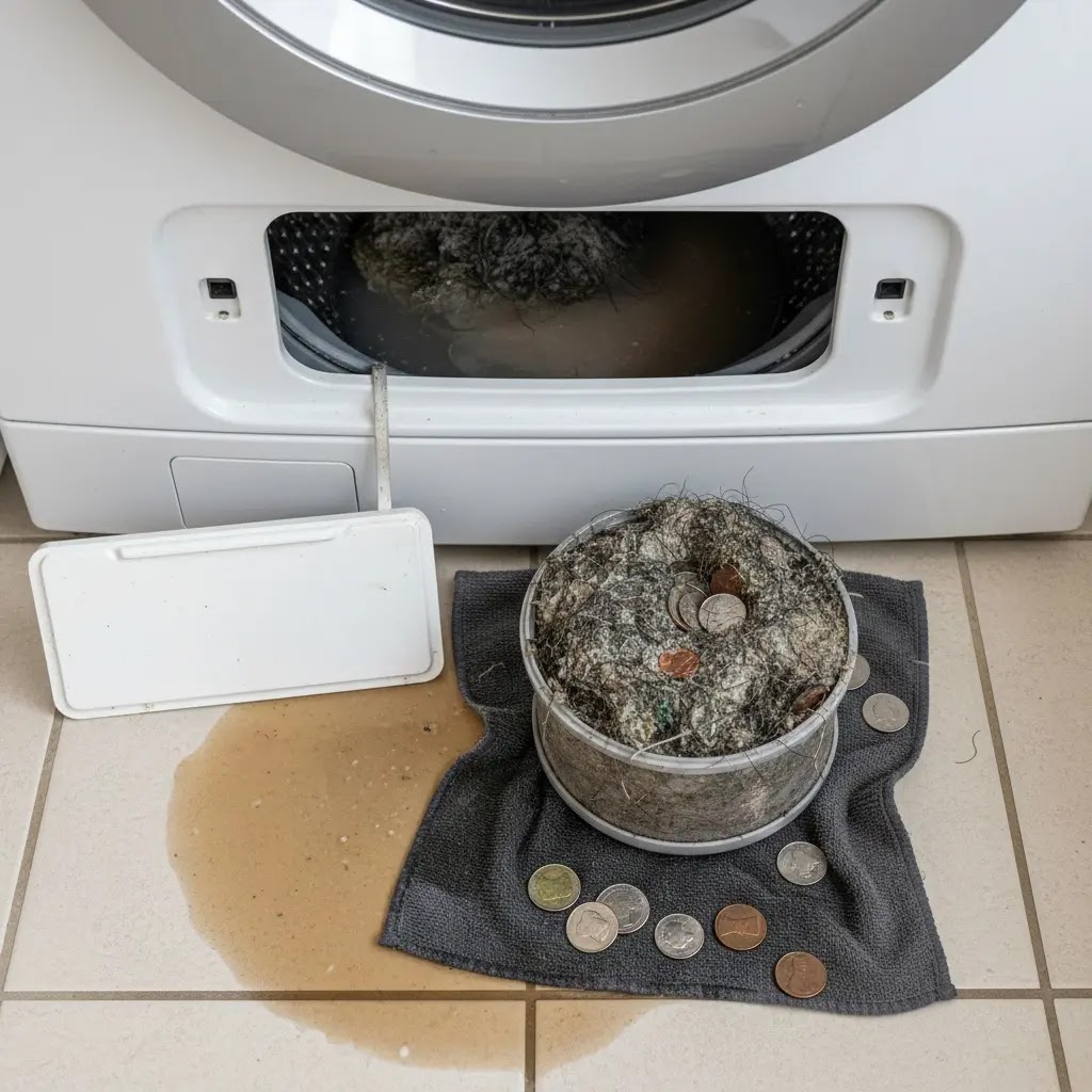 Clogged washing machine drain filter with lint and debris.