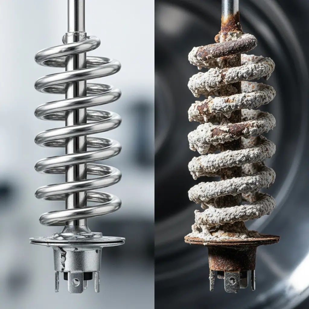 Comparison between a clean and a limescale-covered washing machine heating element.