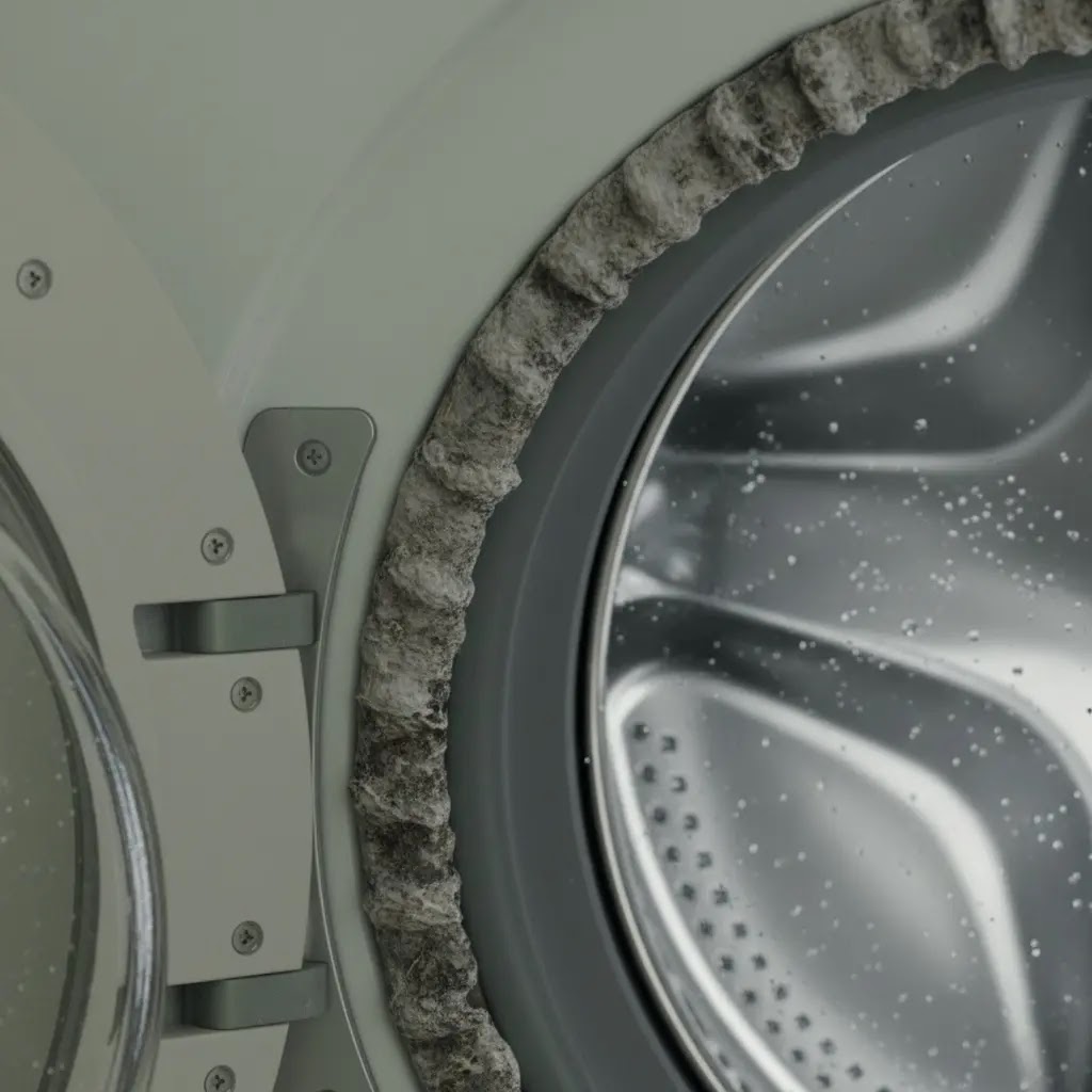 Gray soap residue and scrud buildup inside washing machine drum.