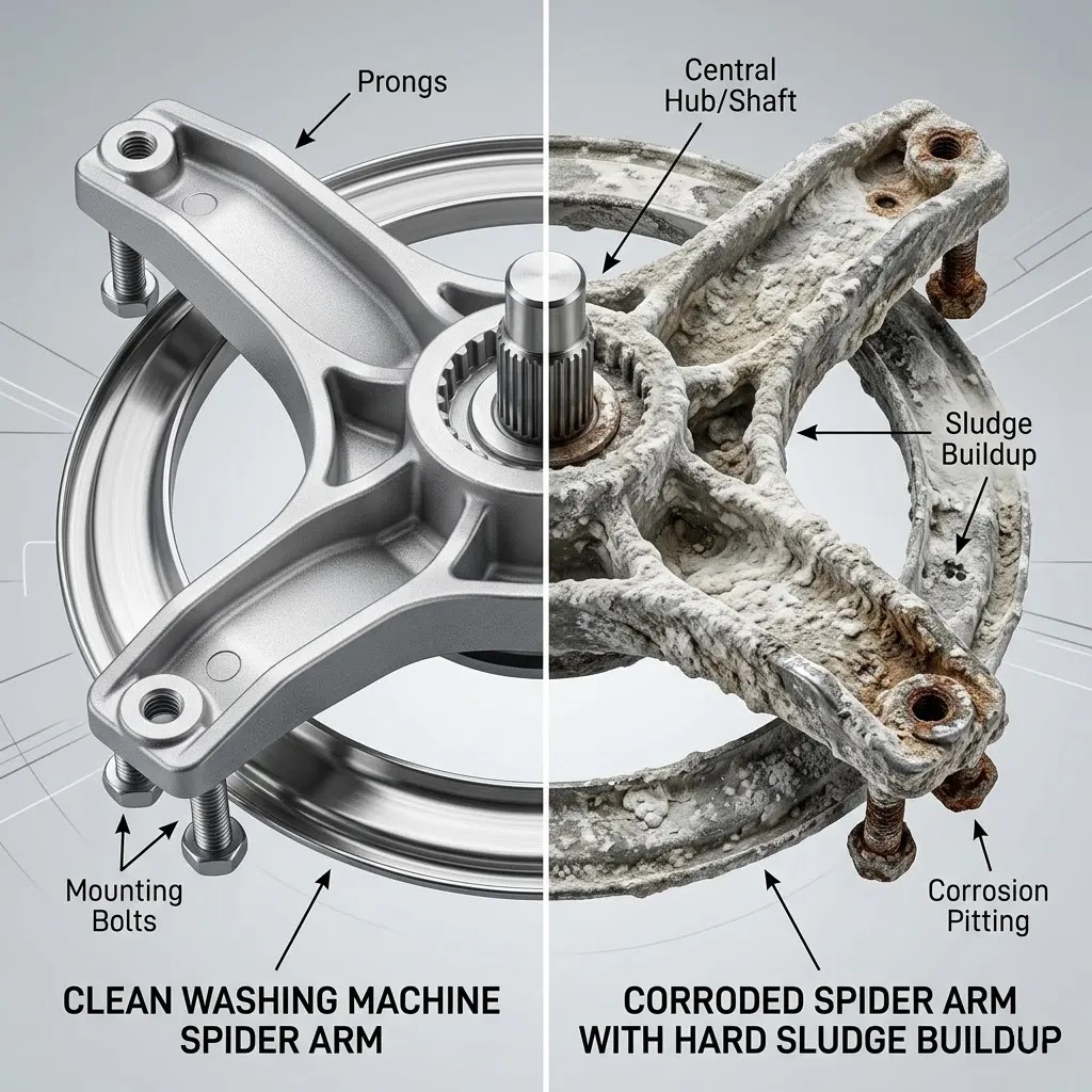 Comparison of a clean aluminum spider arm bracket versus a heavily corroded one showing detergent scum buildup.