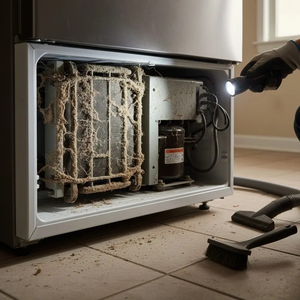 Cleaning dirty condenser coils under a Whirlpool refrigerator