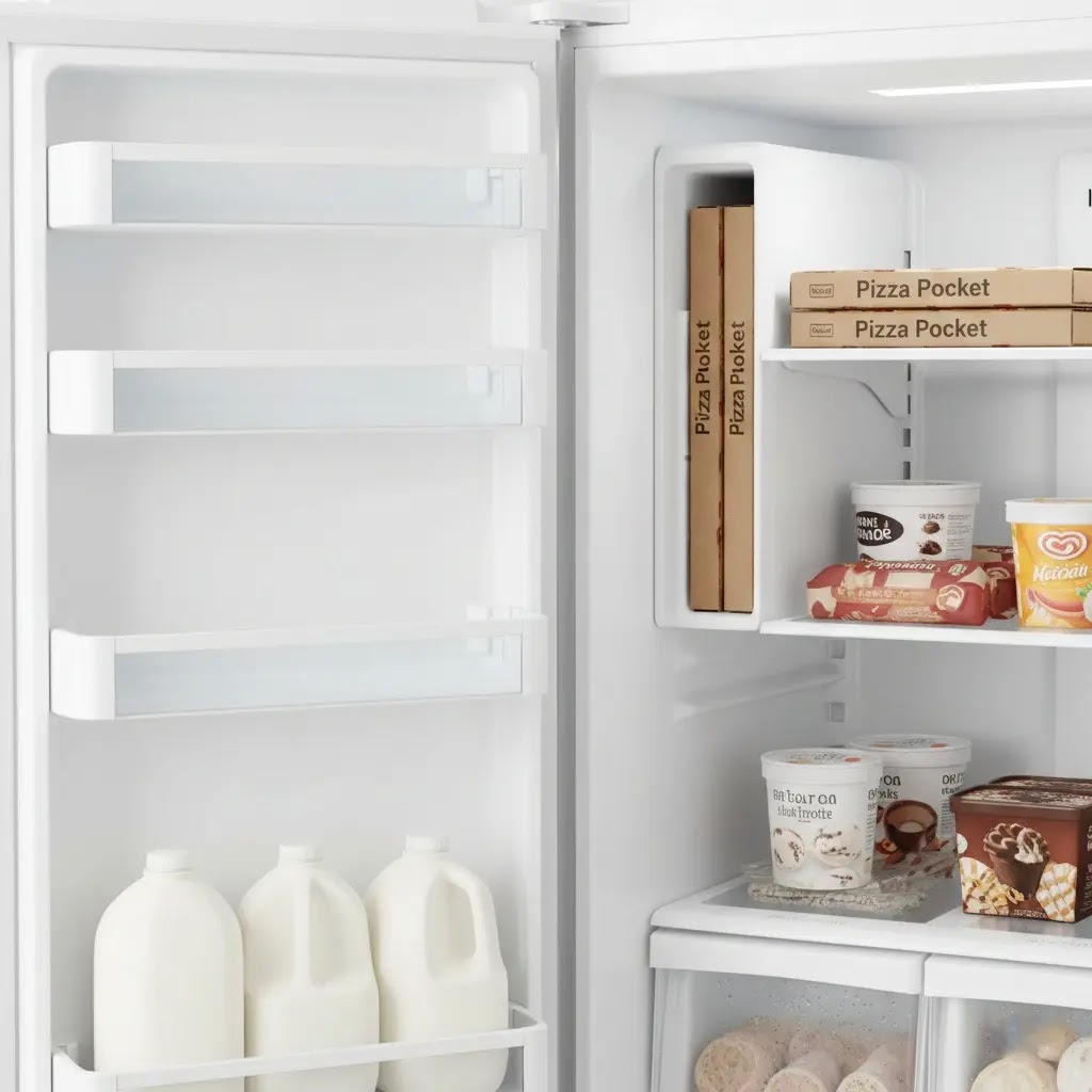 Interior of Whirlpool refrigerator showing pizza pocket and gallon door bins