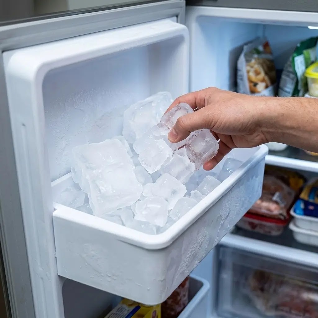 Clumped ice cubes inside a Whirlpool In-Door-Ice bin needing a manual reset.