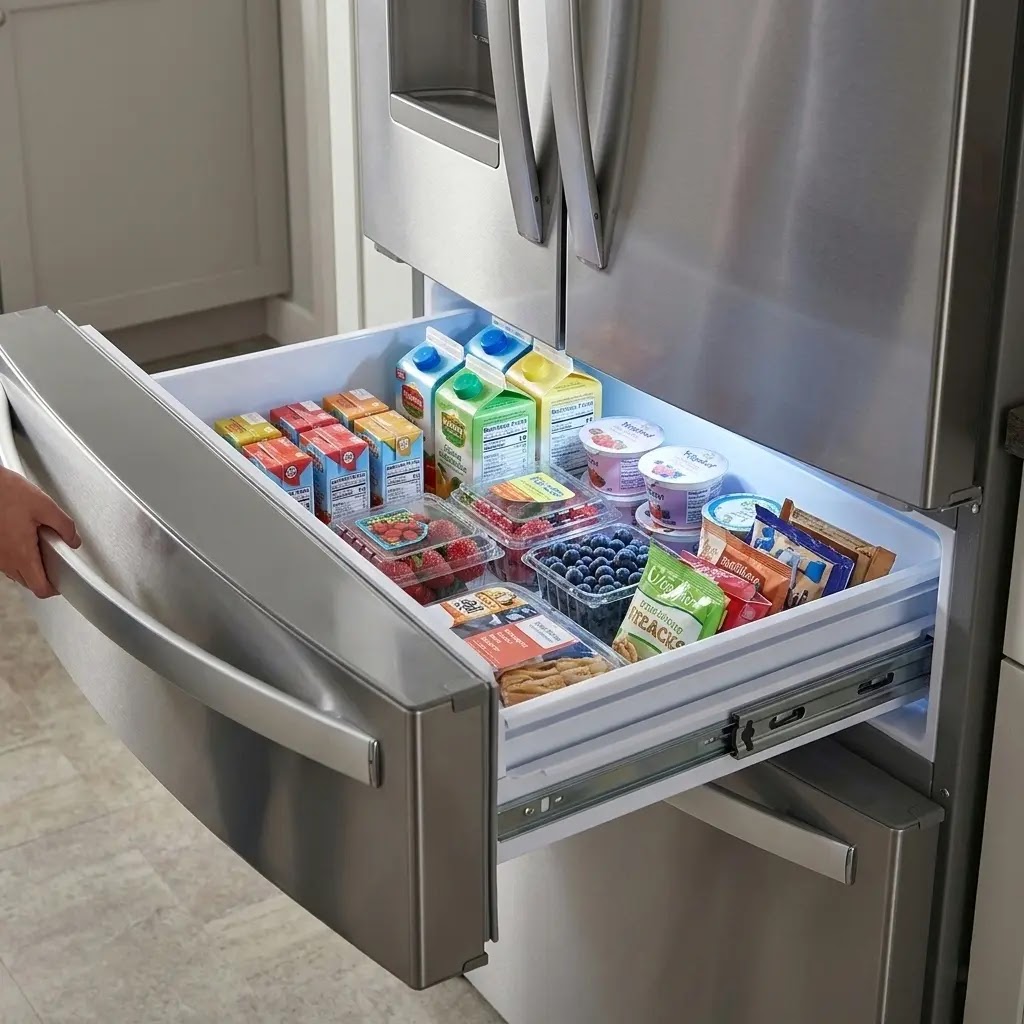 A Whirlpool external refrigerated drawer filled with fresh snacks and drinks.