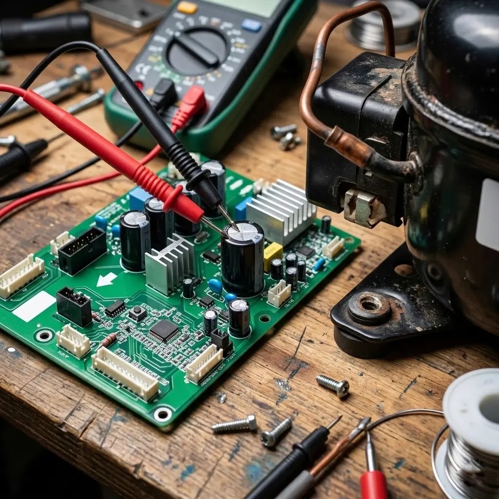 Close-up of a Whirlpool modular power supply board being tested by a technician.