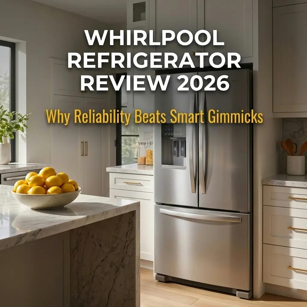Professional wide shot of a Whirlpool 2026 French Door refrigerator in a modern kitchen.