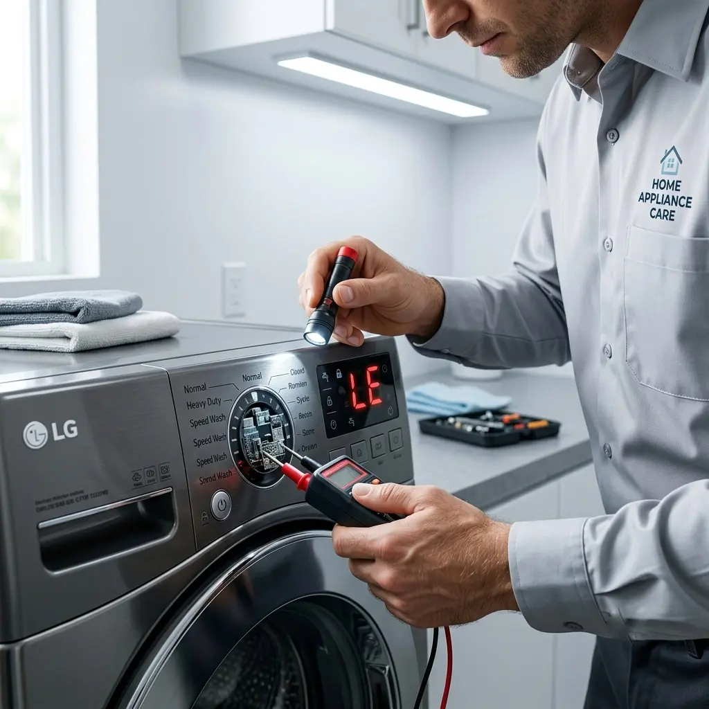 LG appliance technician inspecting washer control panel for stuck button causing CL error