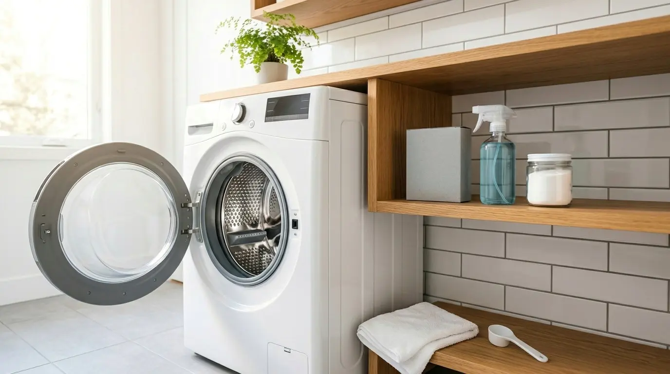 Clean front-load washing machine in a bright laundry room with cleaning products on shelf, best washing machine cleaners guide 2026