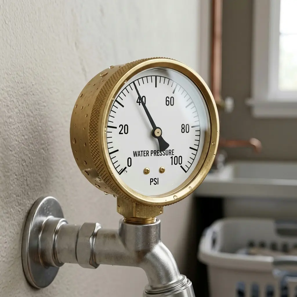 Analog water pressure gauge attached to a household faucet showing psi reading for refrigerator dispenser troubleshooting