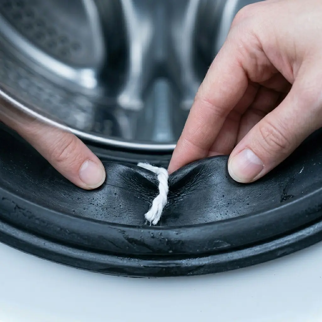 Close-up of washing machine door gasket folded over itself preventing proper door seal