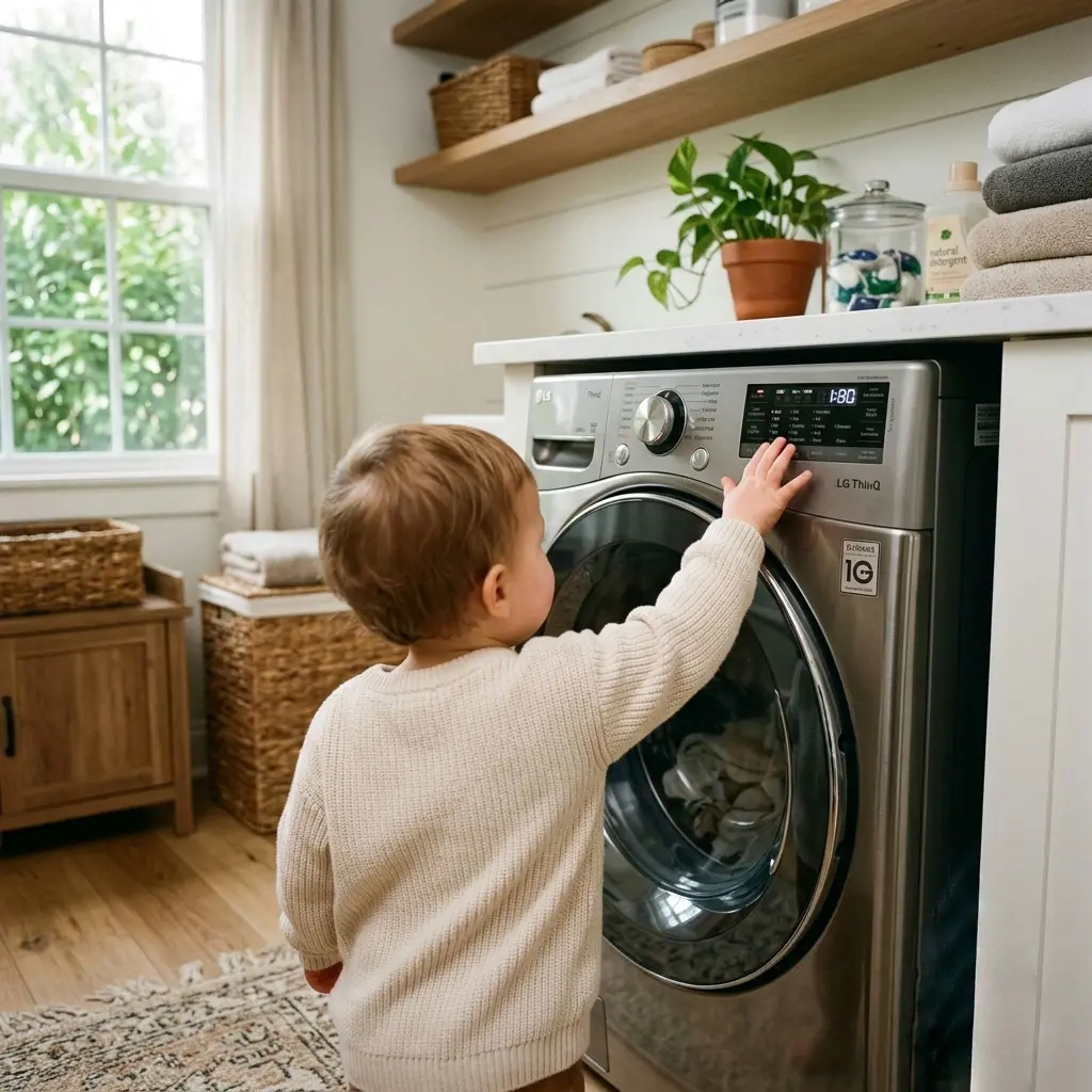 LG washer child lock safety feature preventing accidental button presses near washing machine