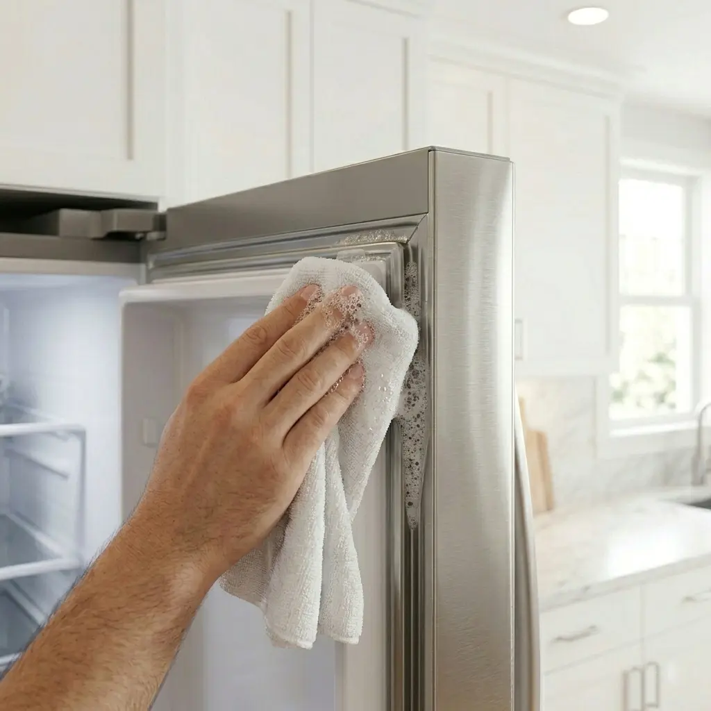 Cleaning the refrigerator door gasket channel with warm soapy water before installing new LG door seal