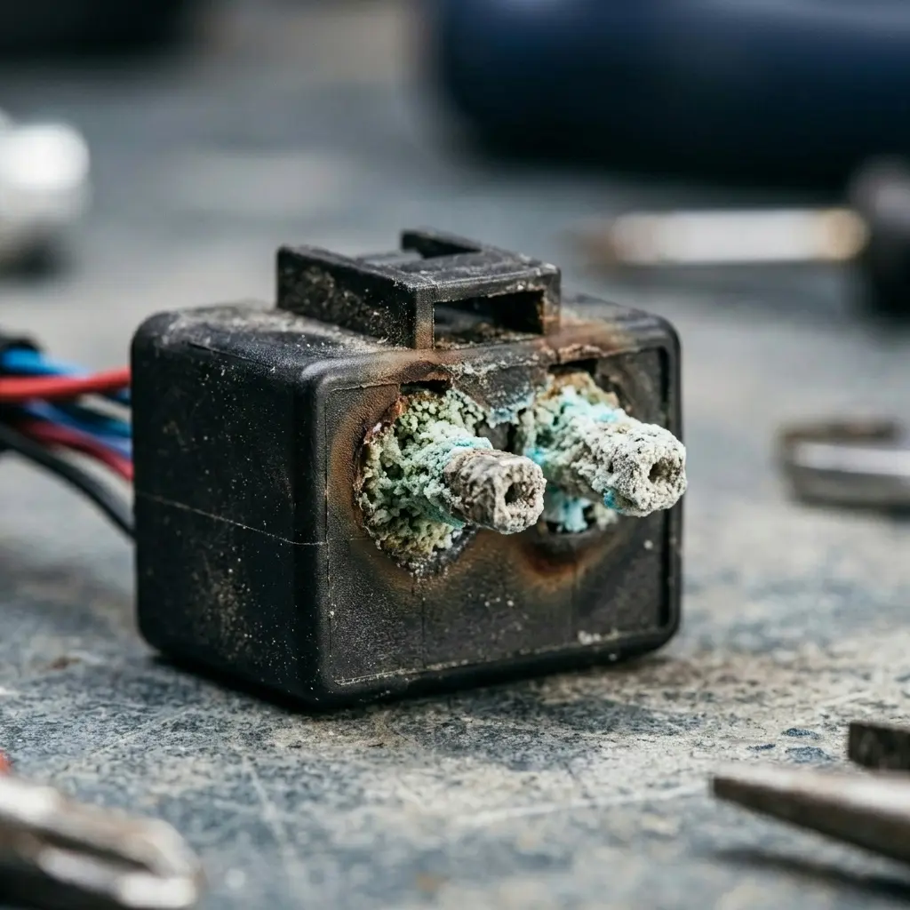 Extreme close-up of corroded washing machine connector pins causing intermittent LE error code